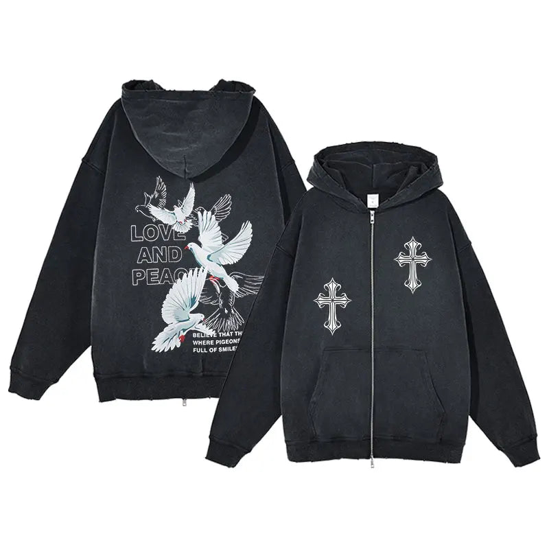 Y2K Zip Up Hoodie for Men Cross Print Loose Long Sleeve Pullover Women Retro Harajuku Sweatshirts Oversized Goth Hip Hop Jacket