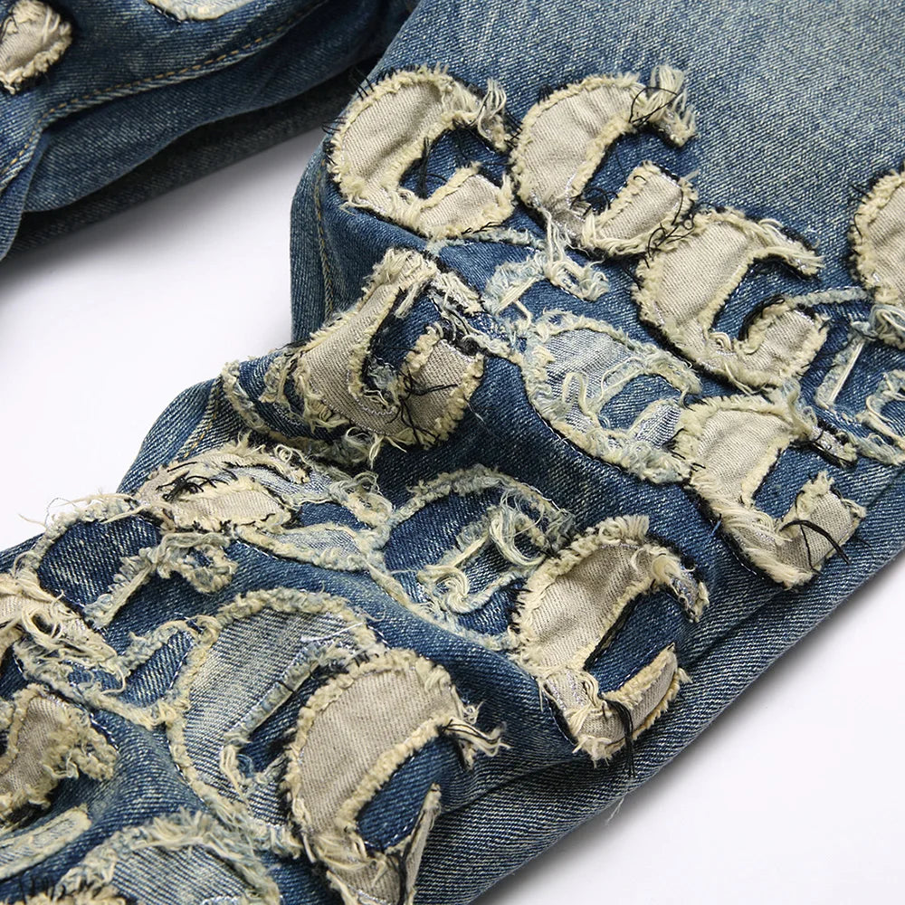 Men Letters Patch Embroidery Denim Jeans Streetwear Release Hem Distressed Pants Retro Vintage Blue Slim But Cut Flared Trousers
