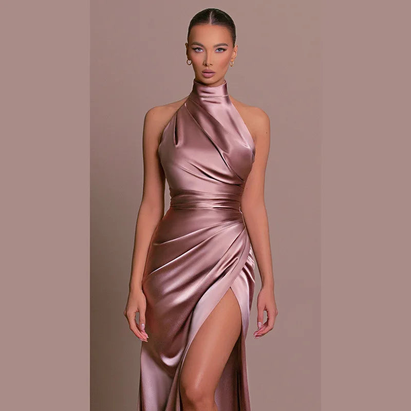 Women Dress Elegant Long Dresses Party Night Dress Women Dresses Woman Female Stand Collar Hanging Neck Sexy Slim Fit Slit