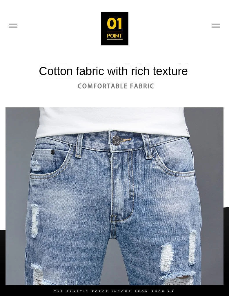 New Fashion Stylish Cowboy Men's Slim Casual Jeans with Ripped Distressed Holes Summer Streetwear Denim Broken Hole Pants Male