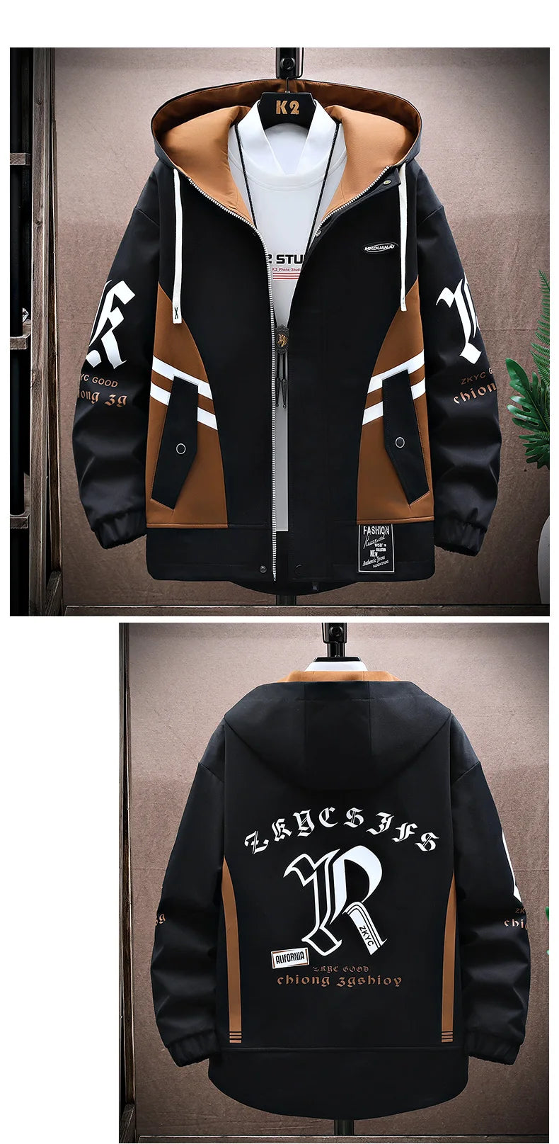 Men's Casual Hooded Jackets Autumn Patchwork Thin Coats Outwear Top Windbreaker Streetwear Clothing Plus Size