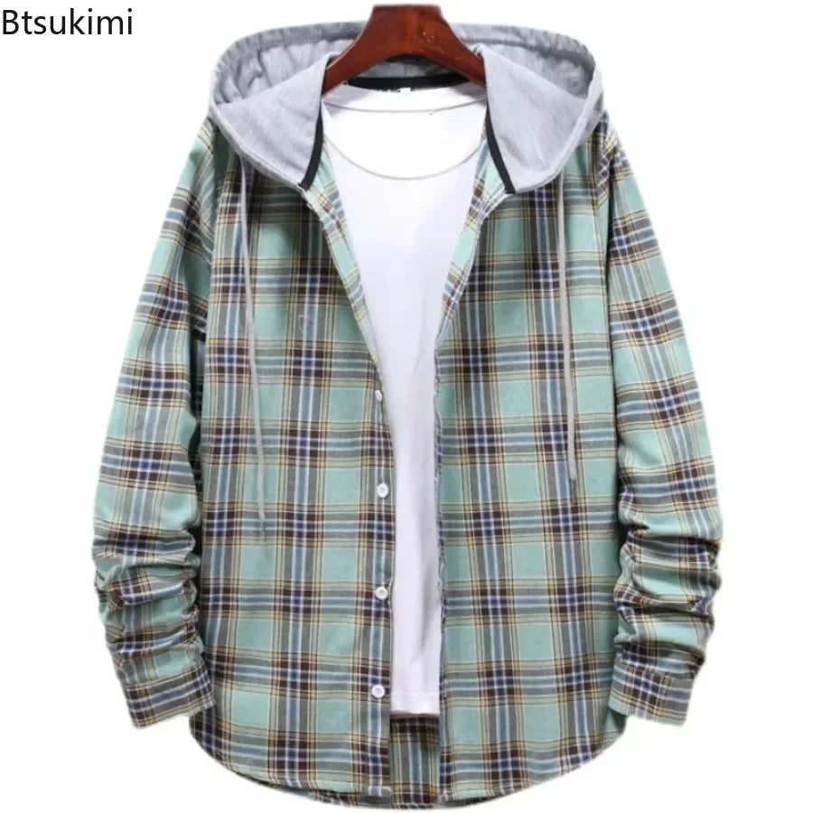 New 2026 Men's Plaid Hooded Shirts Loose Casual Men Jacket Shirt Comfortable Long Sleeve Sport Hooded Coats Men's Daily Clothing