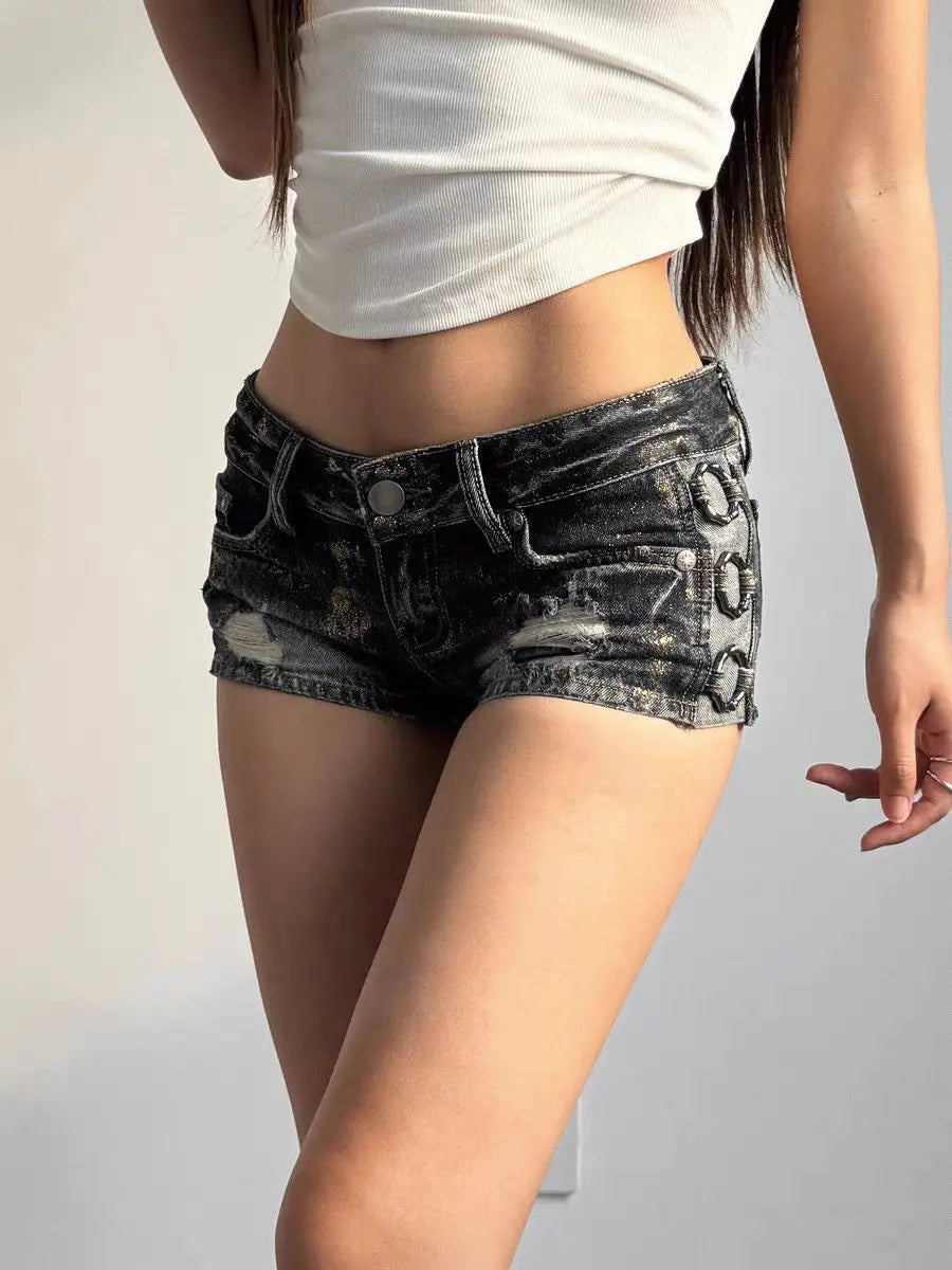 American Retro Sexy Low Waist Y2k Denim Shorts Women Female Vintage 2000s Mini Jeans Slim Fit Gothic Black Hot Pants