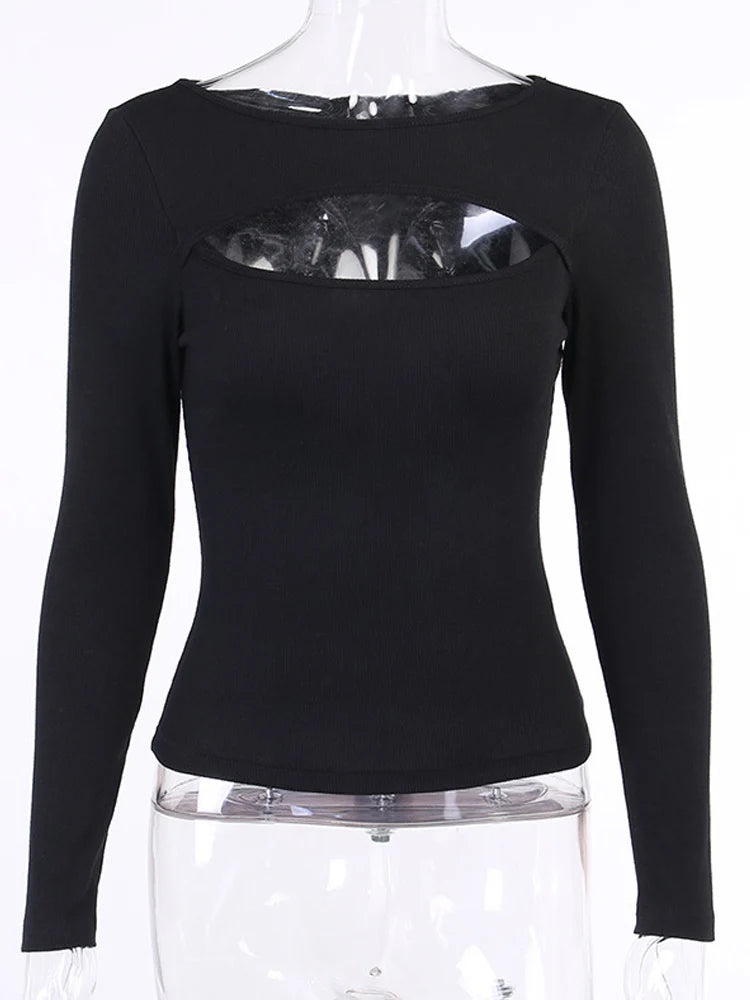 Autumn Women tshirt Hollow Out Solid Black White Long Sleeve Knitted Tee Tops Casual Slim O Neck 2020 Fashion t shirt