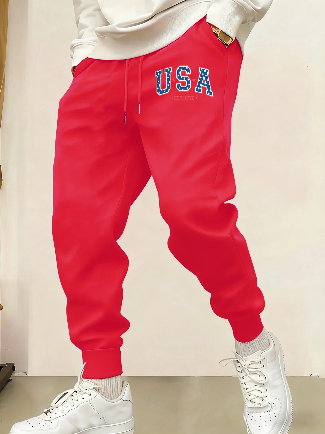 Creative Usa Est 1776 Letter Print Pocket Sweatpants Men Casual Autumn Sportpants Trendy Fleece Long Pants Comfy Warm Trousers
