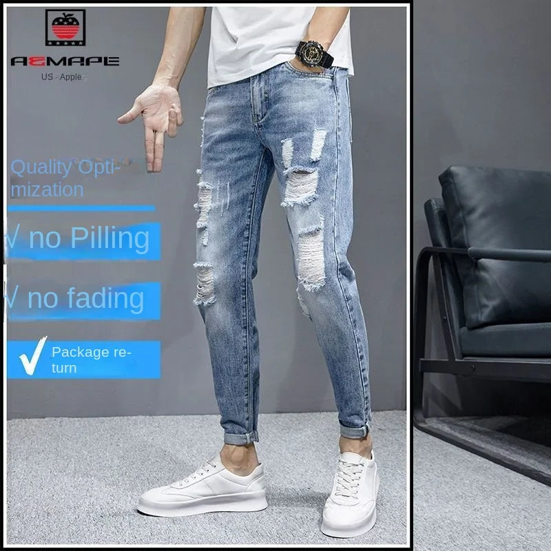 New Fashion Stylish Cowboy Men's Slim Casual Jeans with Ripped Distressed Holes Summer Streetwear Denim Broken Hole Pants Male