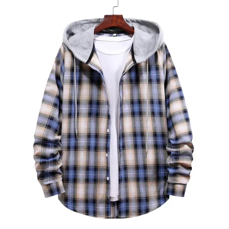 New 2026 Men's Plaid Hooded Shirts Loose Casual Men Jacket Shirt Comfortable Long Sleeve Sport Hooded Coats Men's Daily Clothing