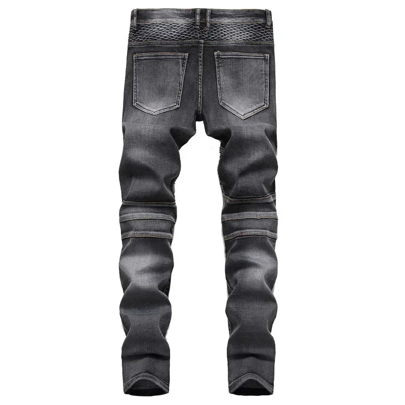 New Men's Patchwork Vintage Biker Jeans Hip Hop Slim Straight Elastic Cycling Denim Pants Male Fashion Streetwear Trouser