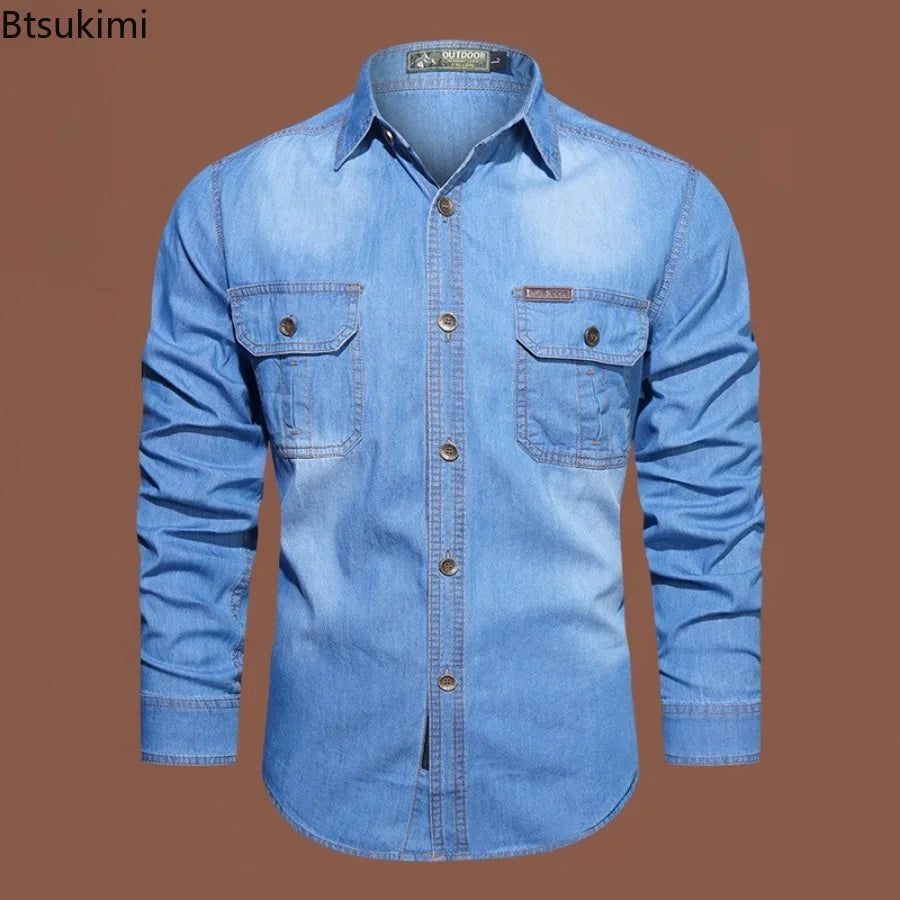 New Men's Outdoor Tooling Shirts Multi-pocket Design Men Long Sleeve Denim Shirt High Quality 100%Cotton Casual Shirt Coats Male
