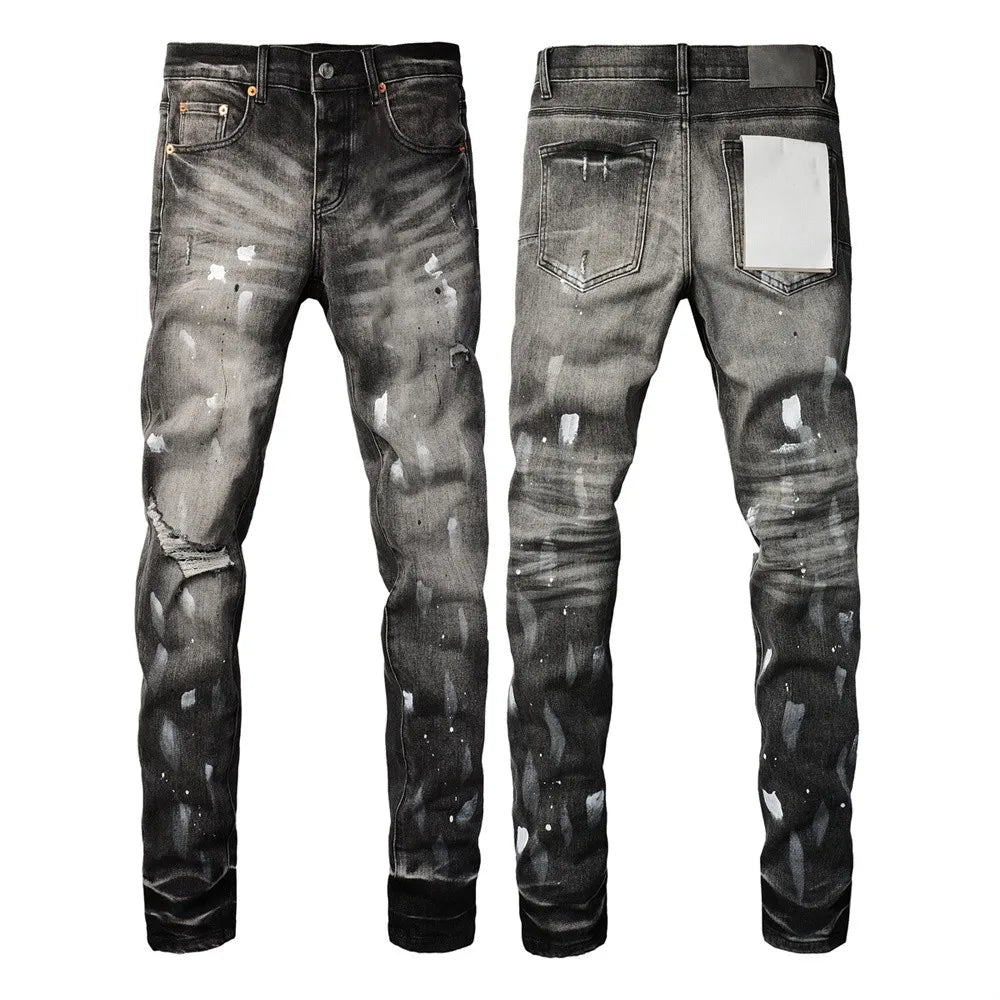 New Fashion Jeans Men High Street Black Splashing ink graffiti Distressed Hole Stretch Skinny Button Fly Ripped Jeans Brand