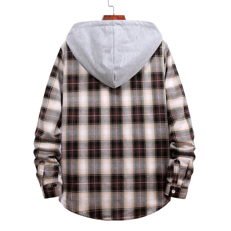 New 2026 Men's Plaid Hooded Shirts Loose Casual Men Jacket Shirt Comfortable Long Sleeve Sport Hooded Coats Men's Daily Clothing