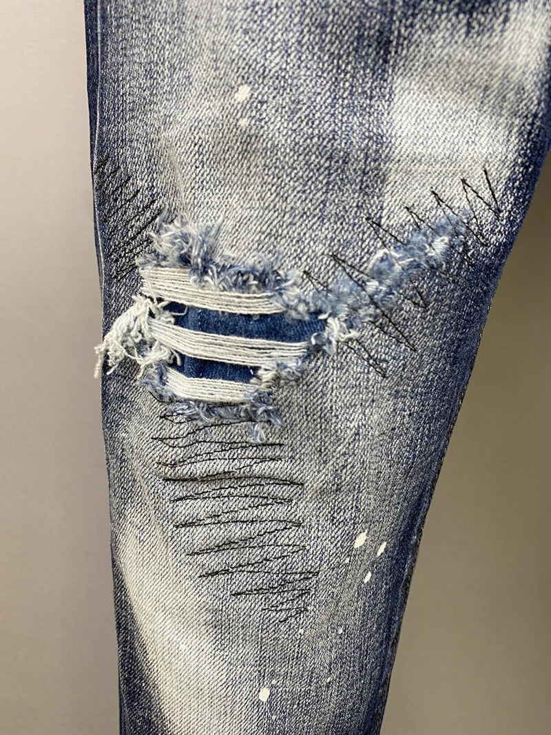 NEW Men Jeans HOLE Printed Coolguy Beggar Denim Long Pants Straight Pockets Hole Button blue jeans pant FOR husband