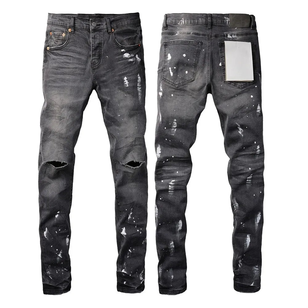New Fashion Jeans Men High Street Black Splashing ink graffiti Distressed Hole Stretch Skinny Button Fly Ripped Jeans Brand