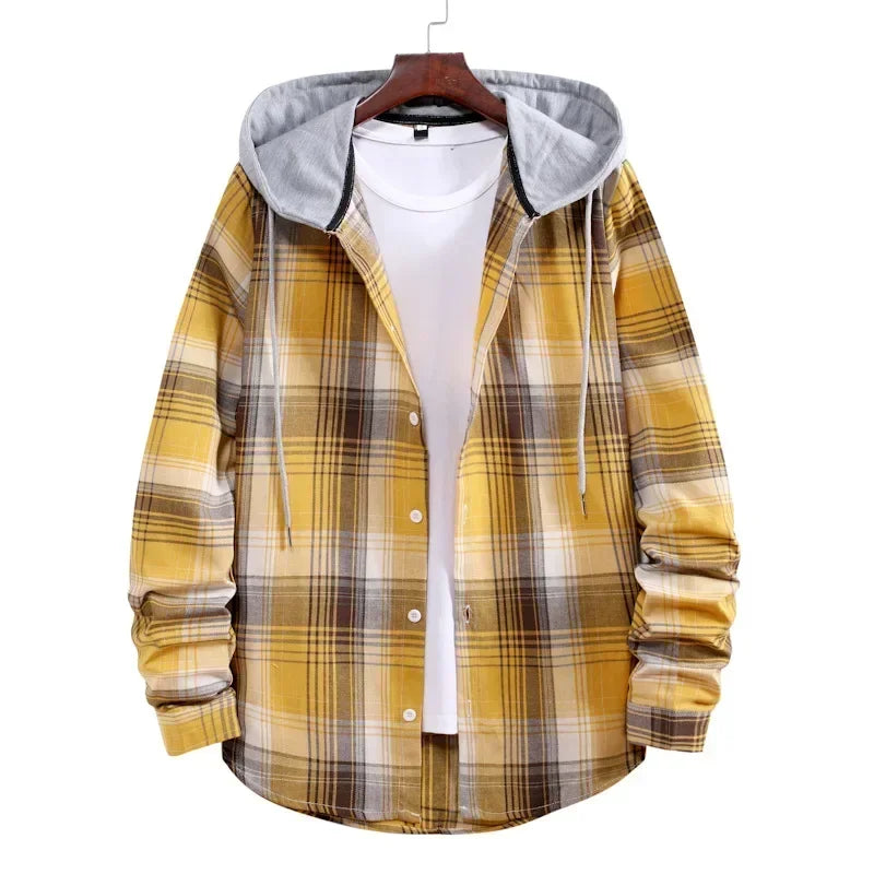 New 2026 Men's Plaid Hooded Shirts Loose Casual Men Jacket Shirt Comfortable Long Sleeve Sport Hooded Coats Men's Daily Clothing