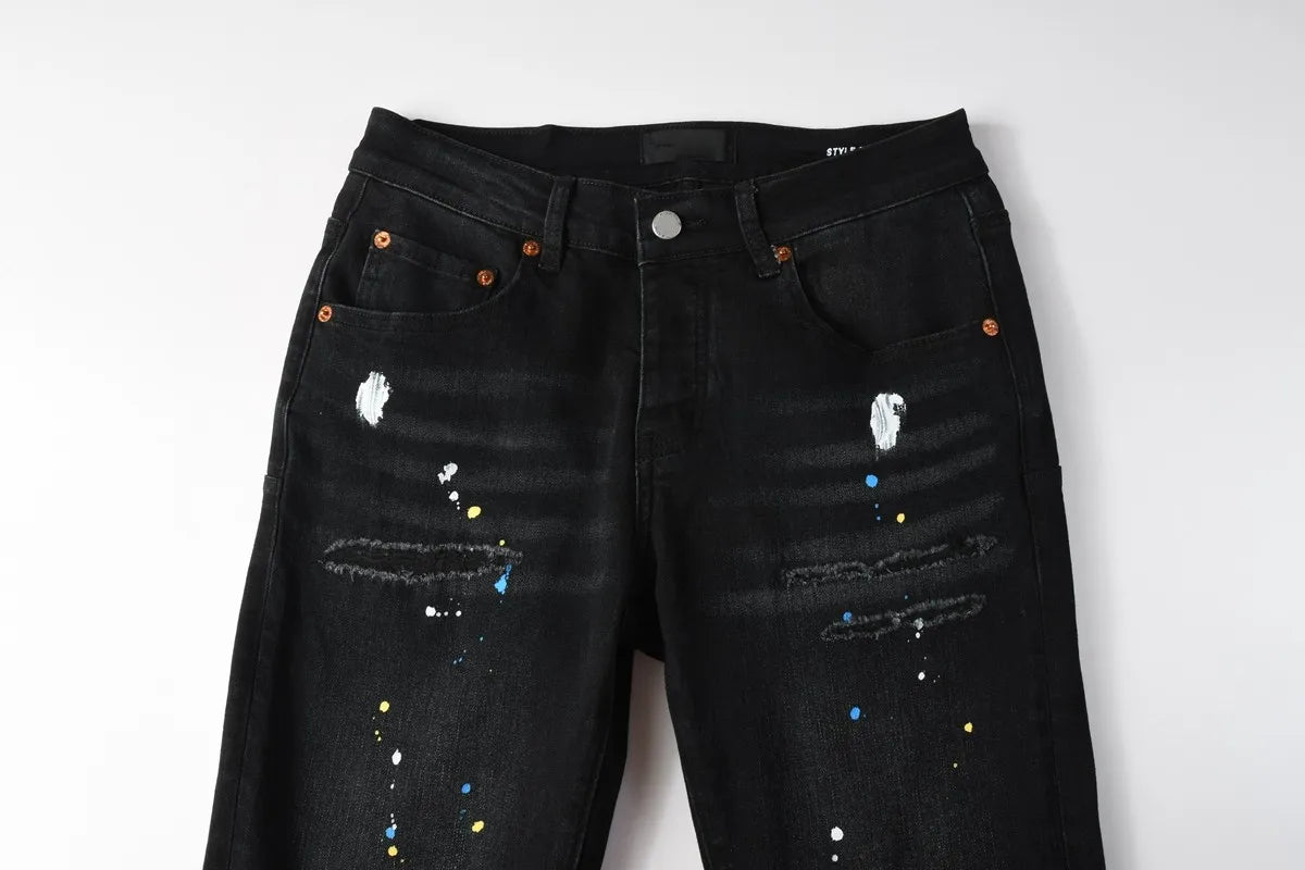 New Fashion Jeans Men High Street Black Splashing ink graffiti Distressed Hole Stretch Skinny Button Fly Ripped Jeans Brand