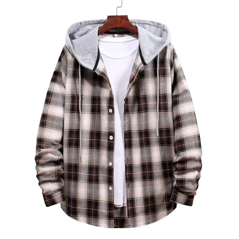 New 2026 Men's Plaid Hooded Shirts Loose Casual Men Jacket Shirt Comfortable Long Sleeve Sport Hooded Coats Men's Daily Clothing