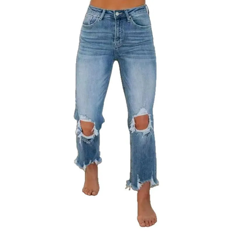Denim Pant Women Jeans Long Pants Hole Slim High Waist Straight Trousers Y2k Streetwear Elegant Splice Bodycon Mom Jeans 2025