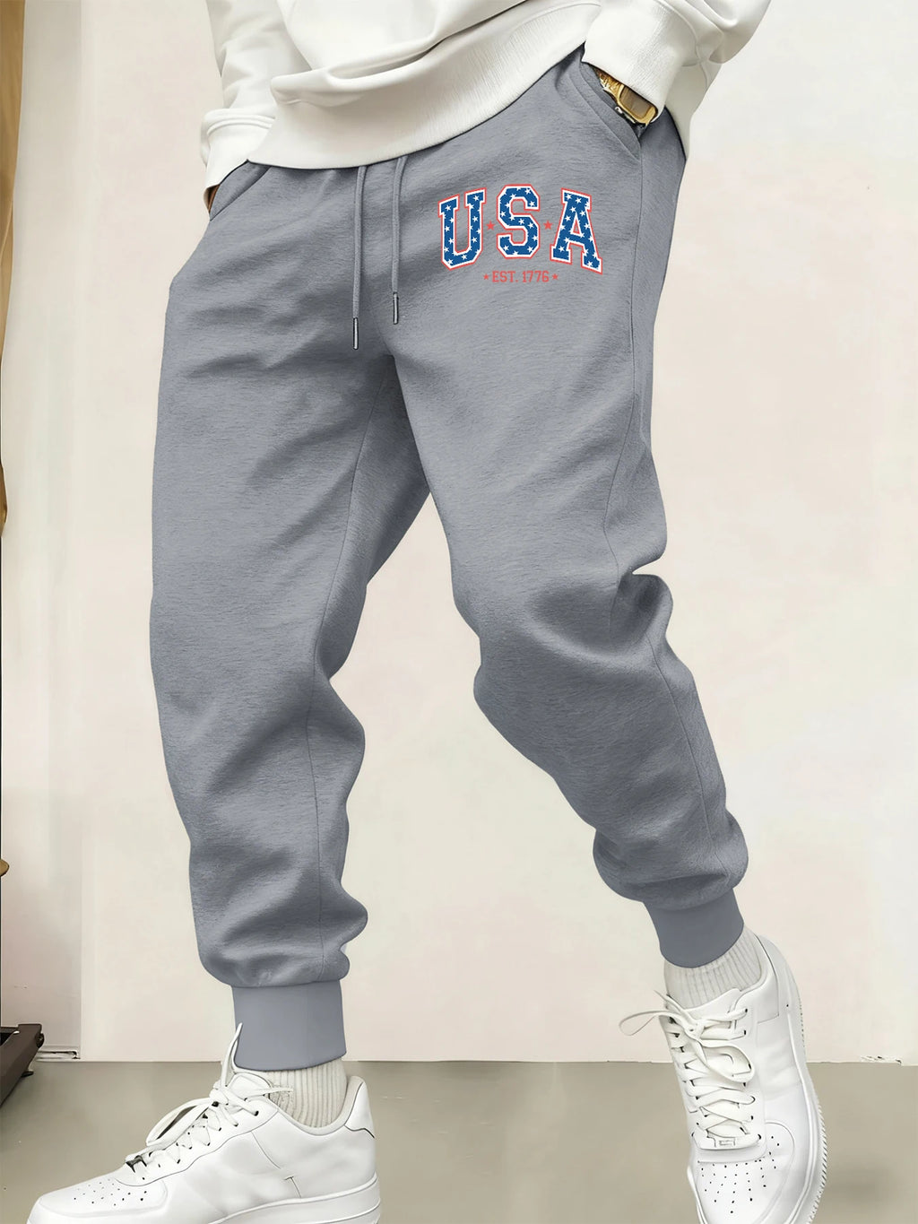 Creative Usa Est 1776 Letter Print Pocket Sweatpants Men Casual Autumn Sportpants Trendy Fleece Long Pants Comfy Warm Trousers