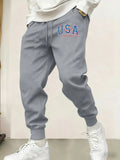 Creative Usa Est 1776 Letter Print Pocket Sweatpants Men Casual Autumn Sportpants Trendy Fleece Long Pants Comfy Warm Trousers