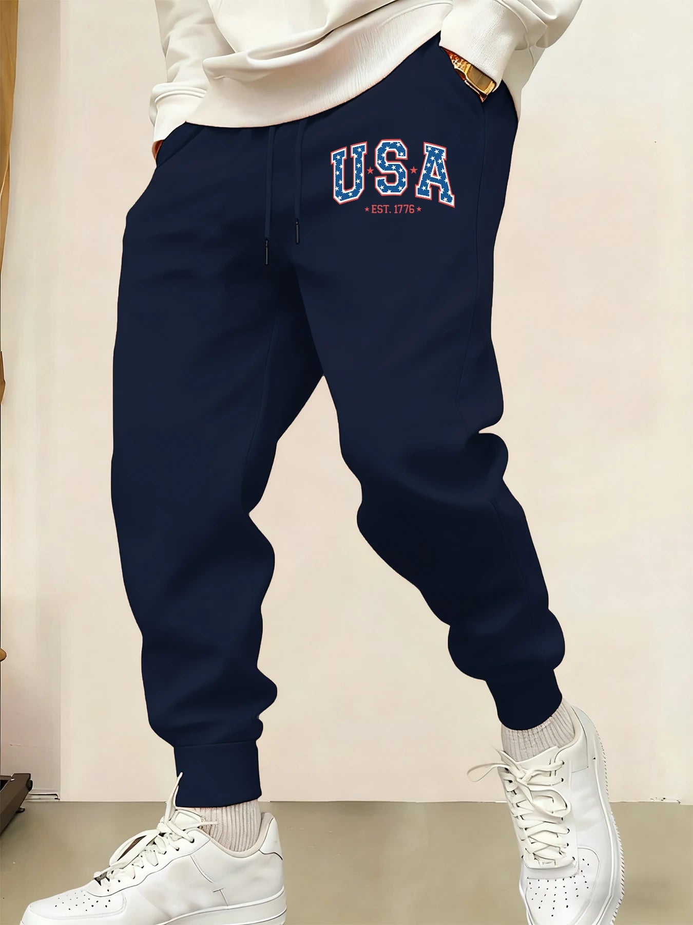 Creative Usa Est 1776 Letter Print Pocket Sweatpants Men Casual Autumn Sportpants Trendy Fleece Long Pants Comfy Warm Trousers