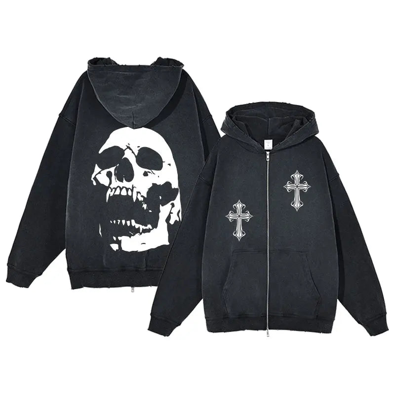 Y2K Zip Up Hoodie for Men Cross Print Loose Long Sleeve Pullover Women Retro Harajuku Sweatshirts Oversized Goth Hip Hop Jacket