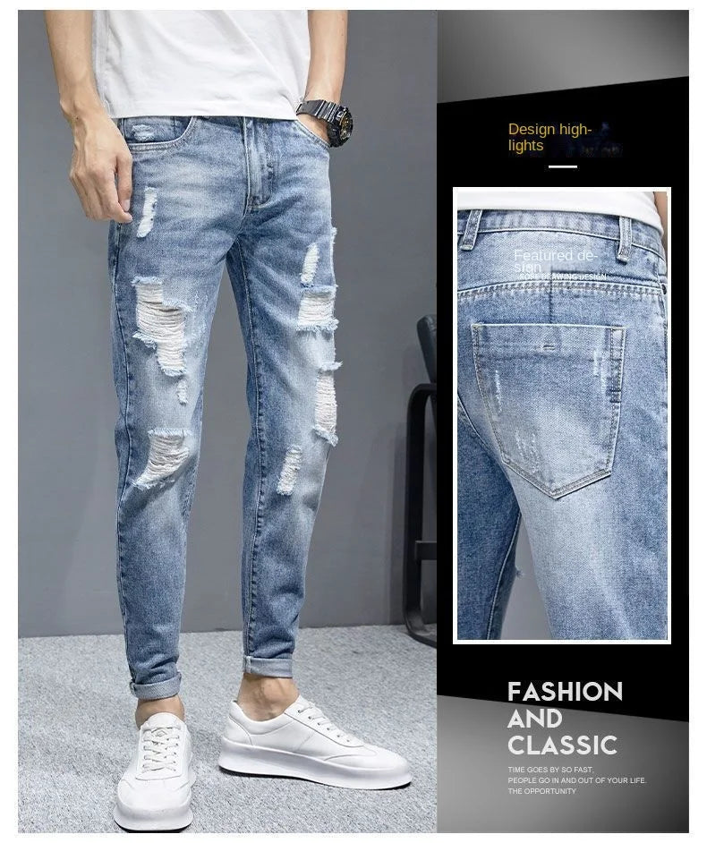 New Fashion Stylish Cowboy Men's Slim Casual Jeans with Ripped Distressed Holes Summer Streetwear Denim Broken Hole Pants Male