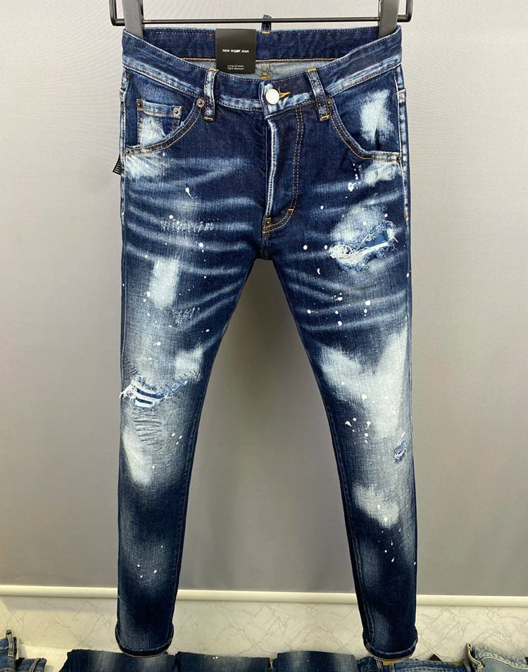 NEW Men Jeans HOLE Printed Coolguy Beggar Denim Long Pants Straight Pockets Hole Button blue jeans pant FOR husband