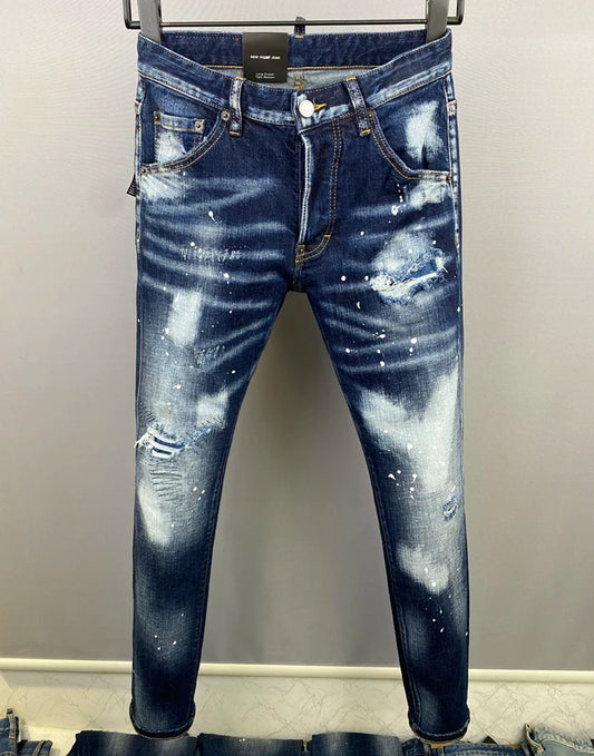 NEW Men Jeans HOLE Printed Coolguy Beggar Denim Long Pants Straight Pockets Hole Button blue jeans pant FOR husband