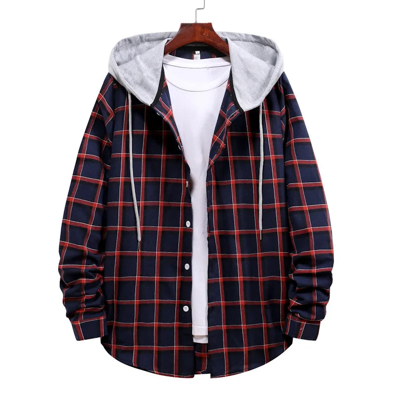 New 2026 Men's Plaid Hooded Shirts Loose Casual Men Jacket Shirt Comfortable Long Sleeve Sport Hooded Coats Men's Daily Clothing
