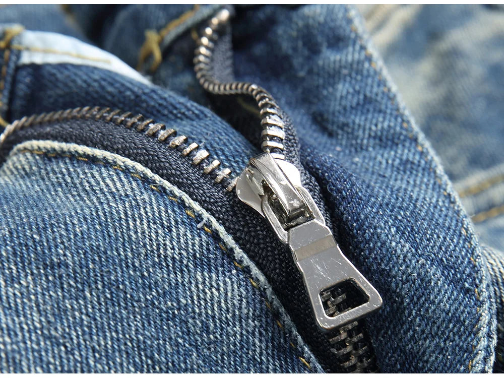 Men Letters Patch Embroidery Denim Jeans Streetwear Release Hem Distressed Pants Retro Vintage Blue Slim But Cut Flared Trousers