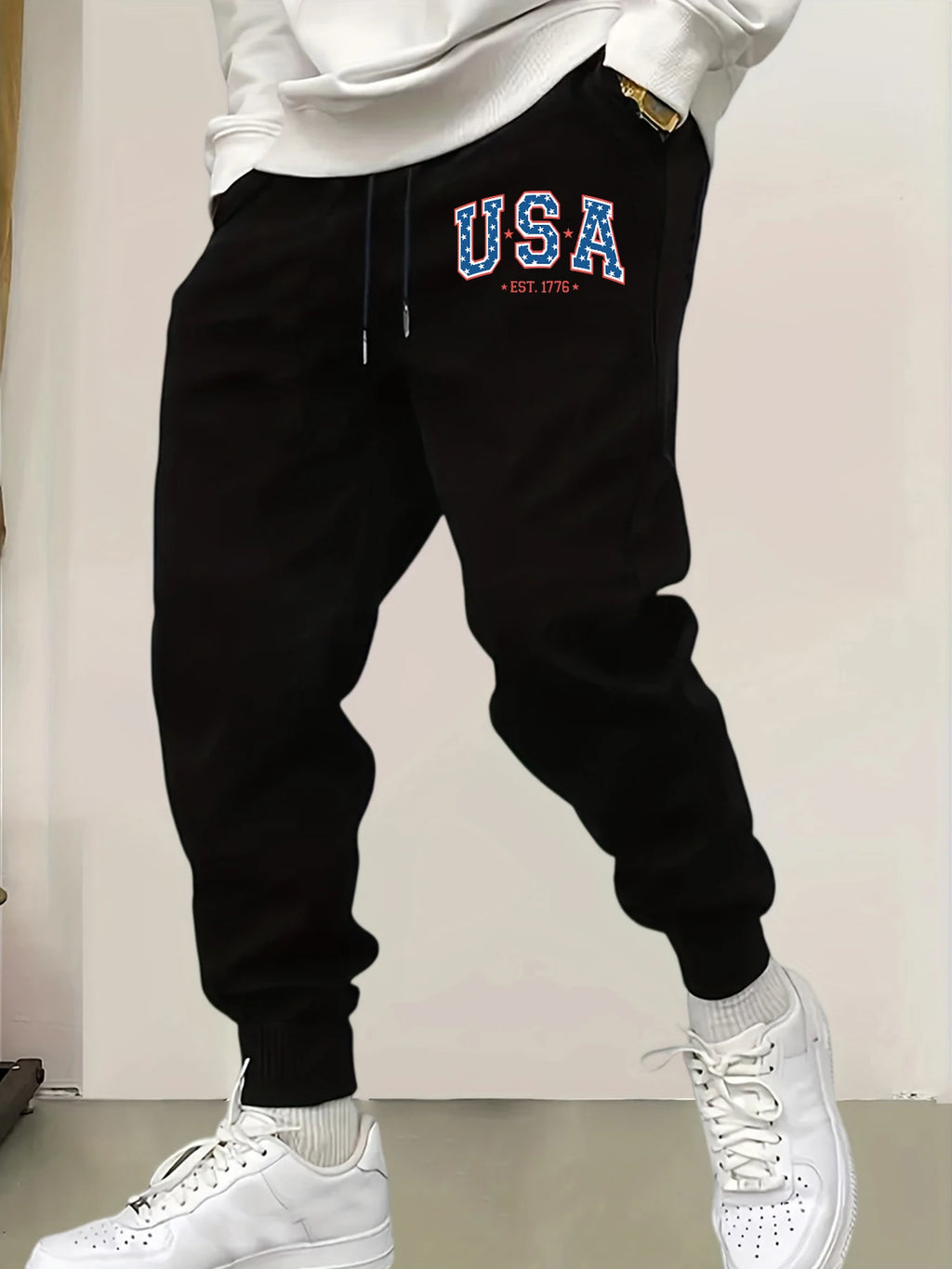 Creative Usa Est 1776 Letter Print Pocket Sweatpants Men Casual Autumn Sportpants Trendy Fleece Long Pants Comfy Warm Trousers