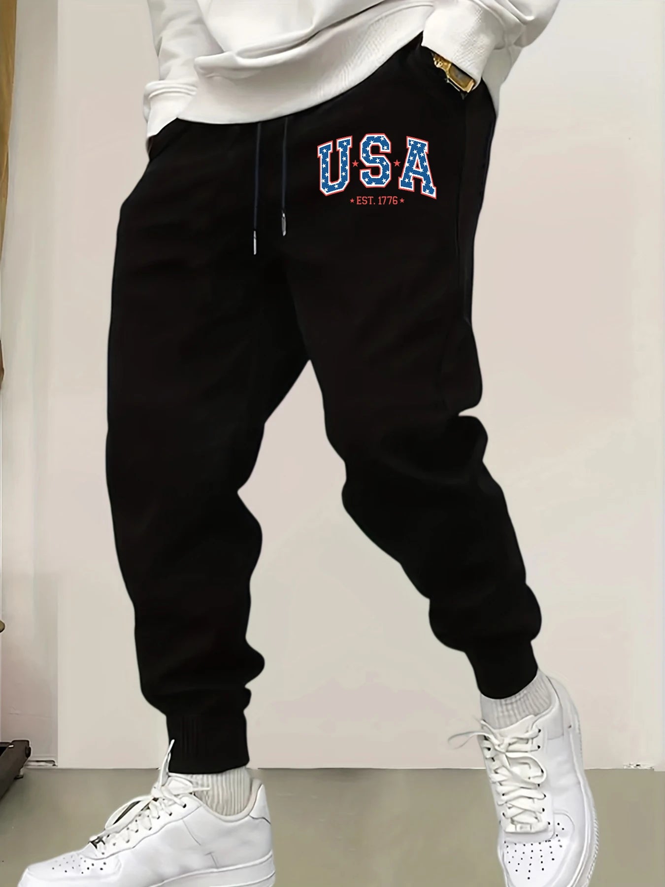 Creative Usa Est 1776 Letter Print Pocket Sweatpants Men Casual Autumn Sportpants Trendy Fleece Long Pants Comfy Warm Trousers