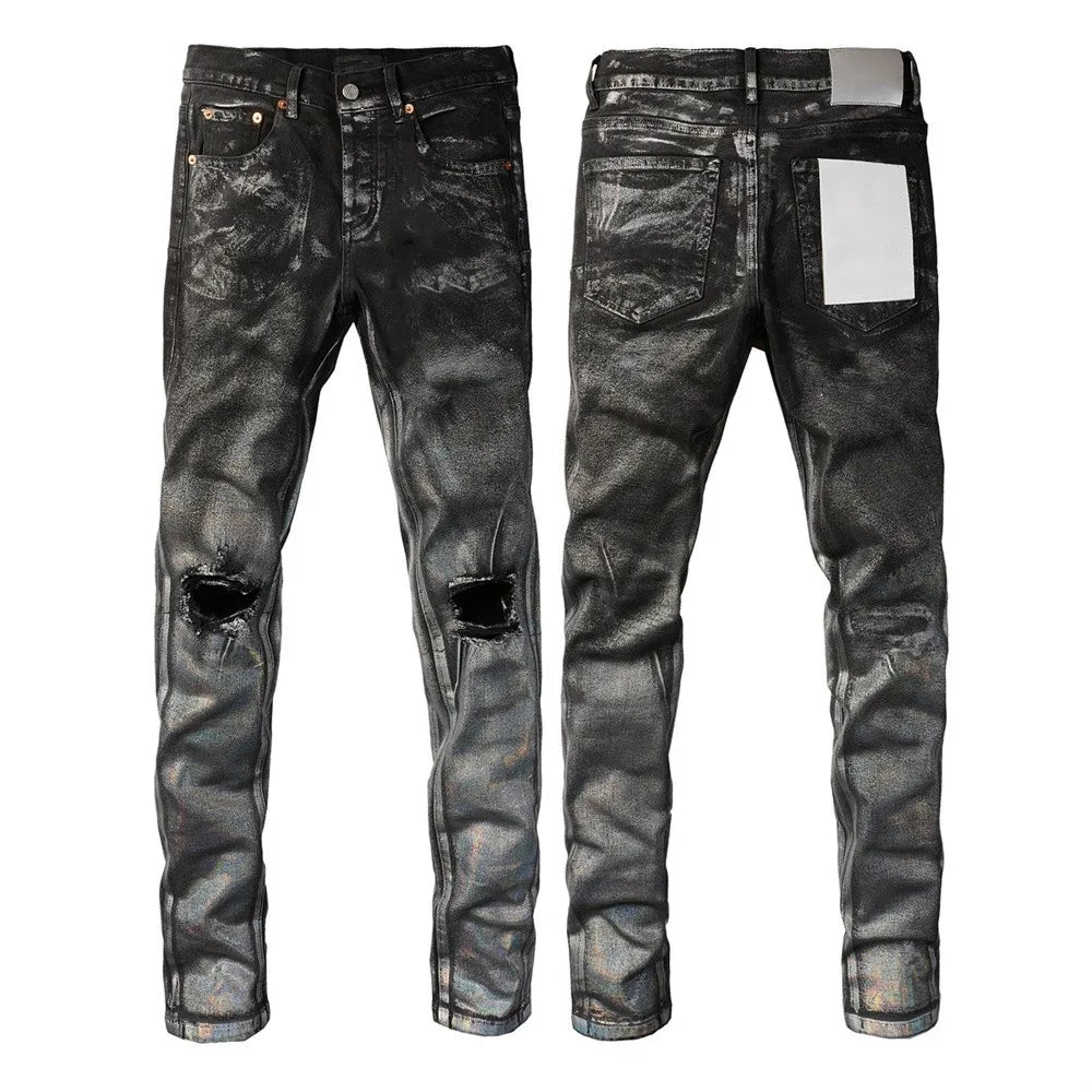 New Fashion Jeans Men High Street Black Splashing ink graffiti Distressed Hole Stretch Skinny Button Fly Ripped Jeans Brand