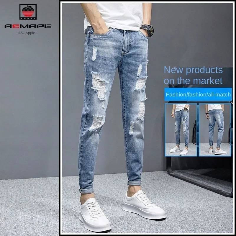 New Fashion Stylish Cowboy Men's Slim Casual Jeans with Ripped Distressed Holes Summer Streetwear Denim Broken Hole Pants Male
