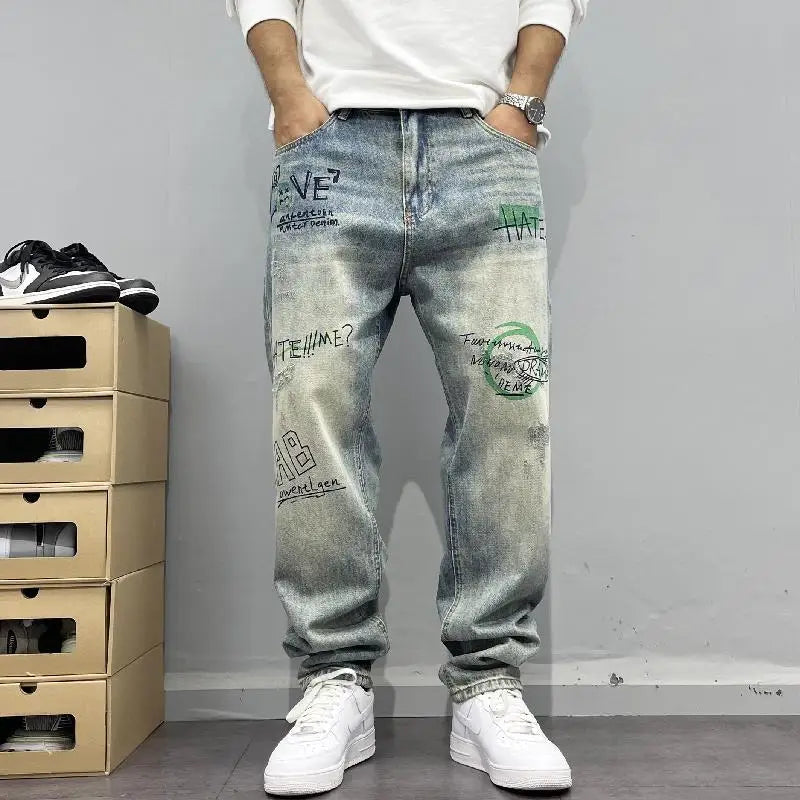 American Retro Street Style Personalized Printed Straight Leg Jeans for Men Loose Fitting Washed High Street Hip-hop Pants