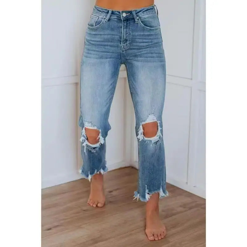 Denim Pant Women Jeans Long Pants Hole Slim High Waist Straight Trousers Y2k Streetwear Elegant Splice Bodycon Mom Jeans 2025
