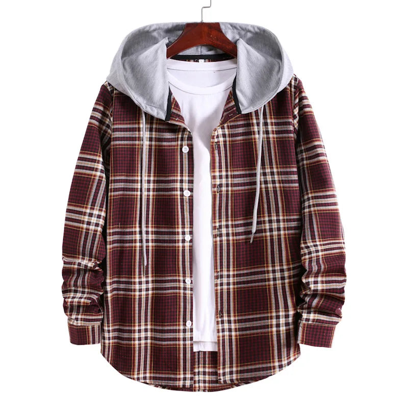 New 2026 Men's Plaid Hooded Shirts Loose Casual Men Jacket Shirt Comfortable Long Sleeve Sport Hooded Coats Men's Daily Clothing