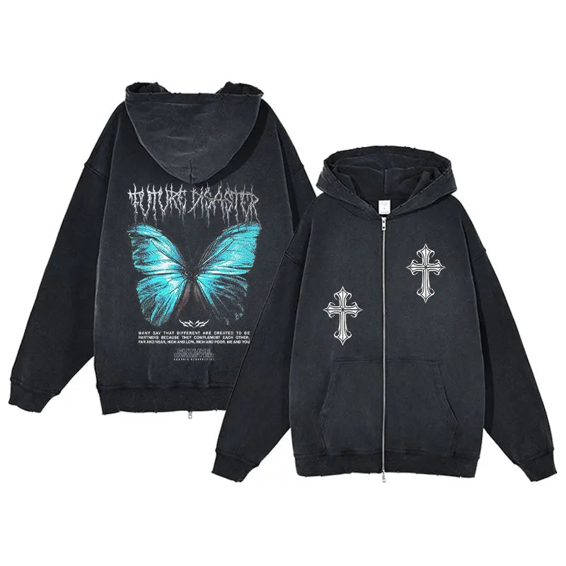 Y2K Zip Up Hoodie for Men Cross Print Loose Long Sleeve Pullover Women Retro Harajuku Sweatshirts Oversized Goth Hip Hop Jacket