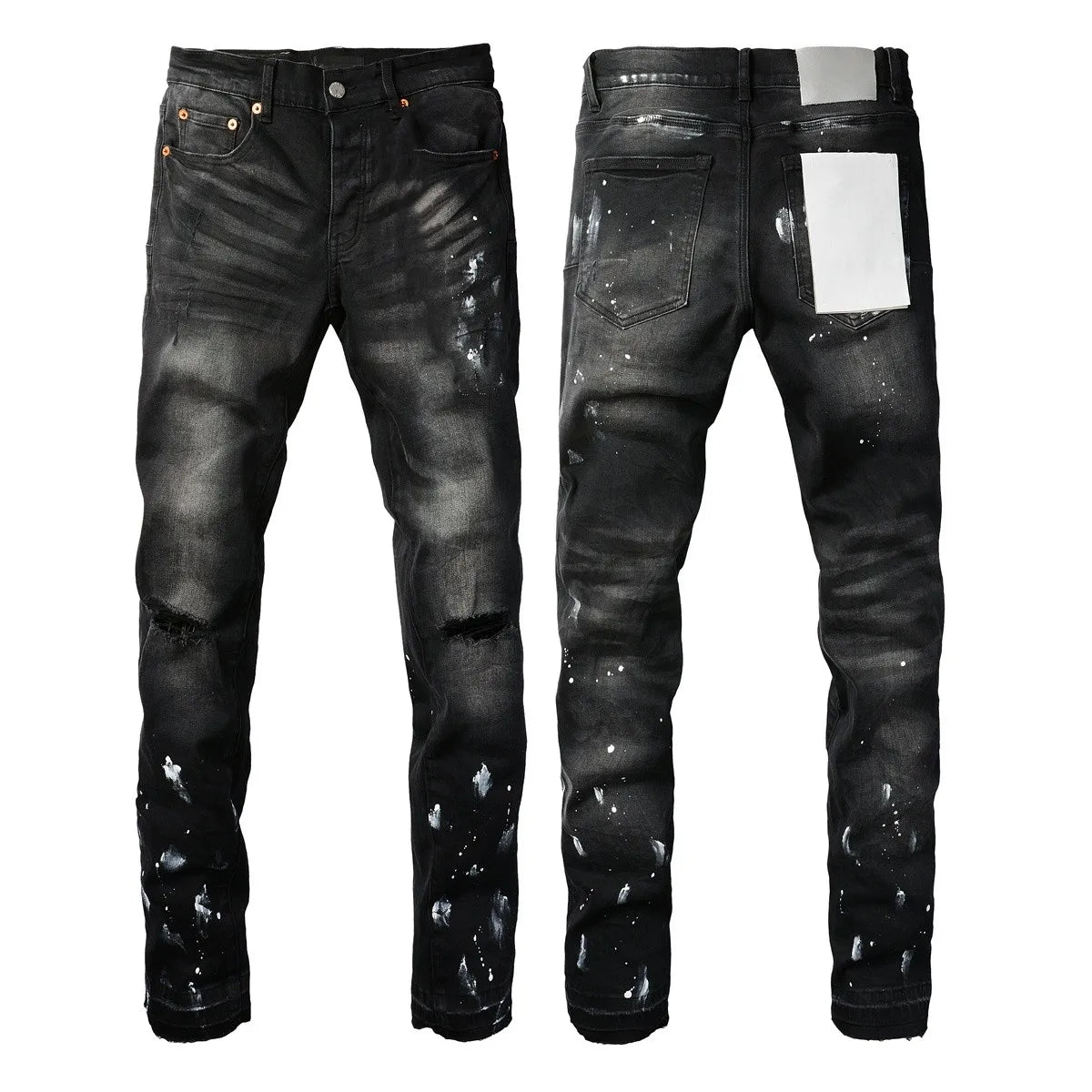 New Fashion Jeans Men High Street Black Splashing ink graffiti Distressed Hole Stretch Skinny Button Fly Ripped Jeans Brand