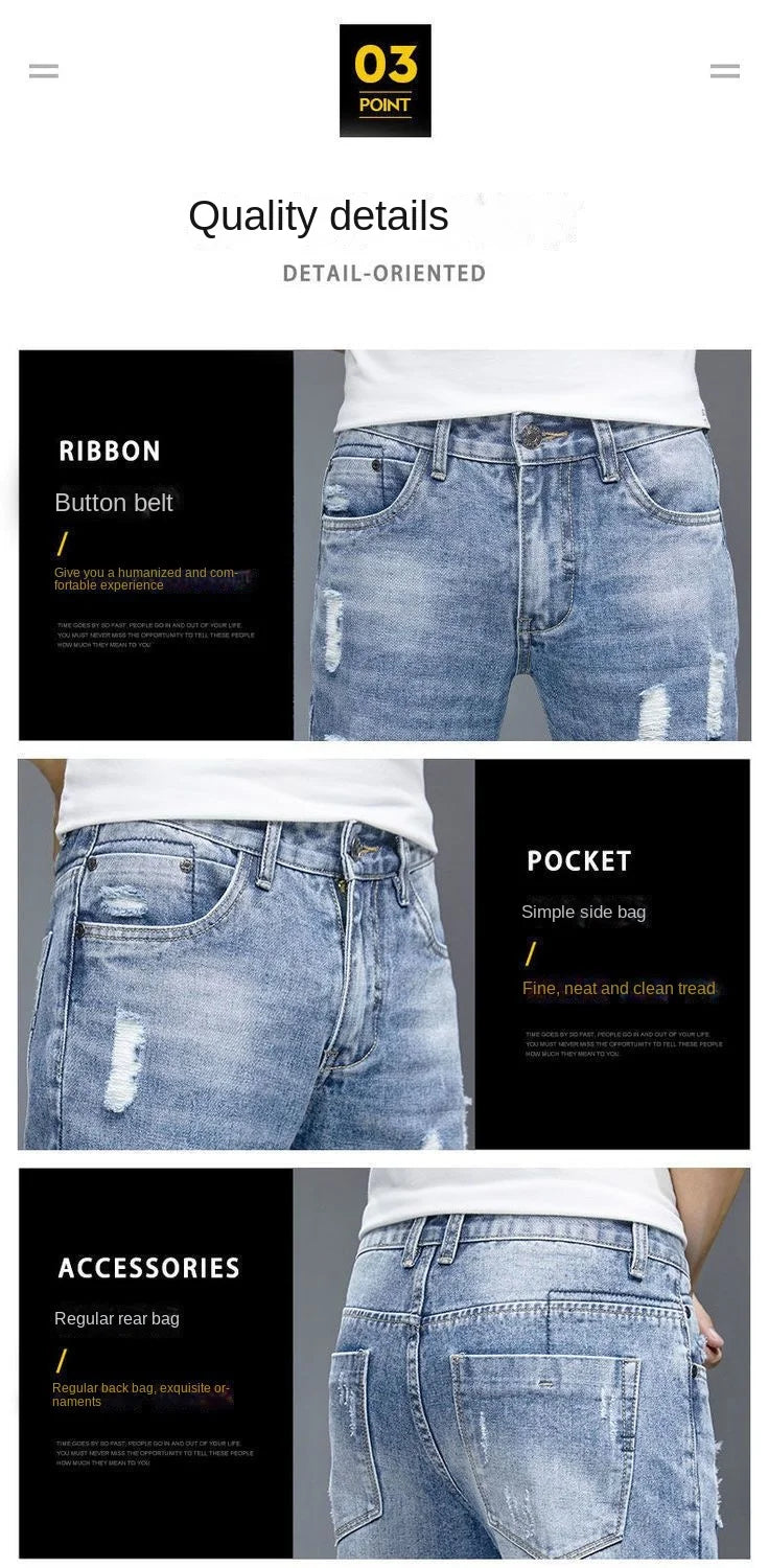 New Fashion Stylish Cowboy Men's Slim Casual Jeans with Ripped Distressed Holes Summer Streetwear Denim Broken Hole Pants Male