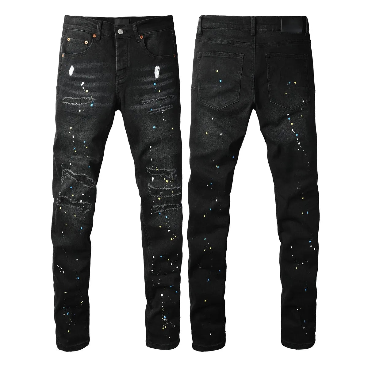 New Fashion Jeans Men High Street Black Splashing ink graffiti Distressed Hole Stretch Skinny Button Fly Ripped Jeans Brand