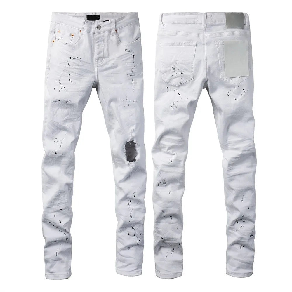 New Fashion Jeans Men High Street Black Splashing ink graffiti Distressed Hole Stretch Skinny Button Fly Ripped Jeans Brand