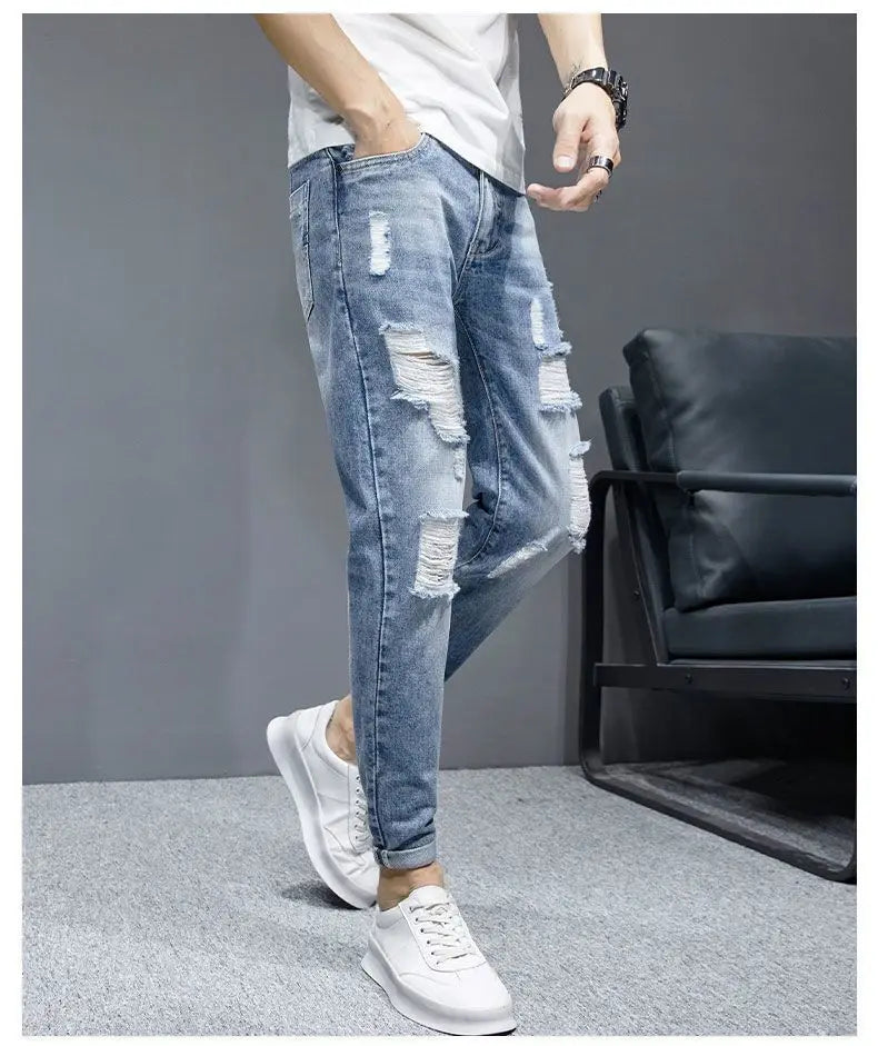 New Fashion Stylish Cowboy Men's Slim Casual Jeans with Ripped Distressed Holes Summer Streetwear Denim Broken Hole Pants Male