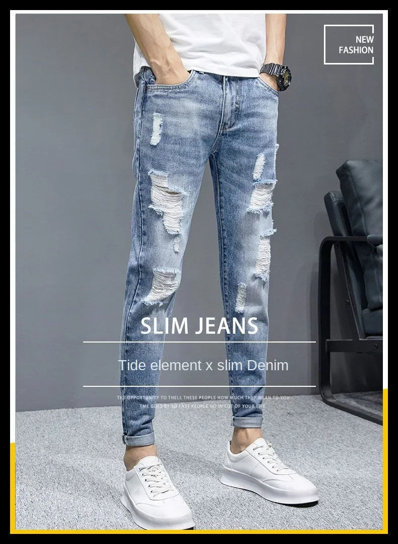 New Fashion Stylish Cowboy Men's Slim Casual Jeans with Ripped Distressed Holes Summer Streetwear Denim Broken Hole Pants Male