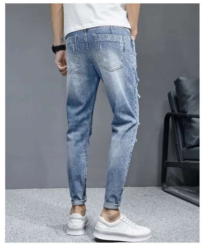New Fashion Stylish Cowboy Men's Slim Casual Jeans with Ripped Distressed Holes Summer Streetwear Denim Broken Hole Pants Male