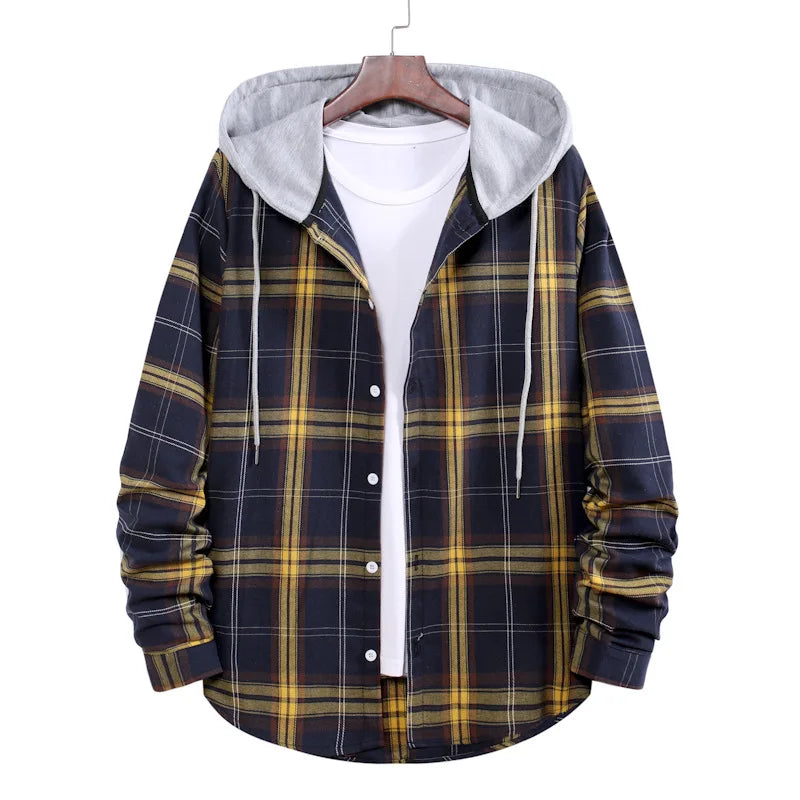 New 2026 Men's Plaid Hooded Shirts Loose Casual Men Jacket Shirt Comfortable Long Sleeve Sport Hooded Coats Men's Daily Clothing