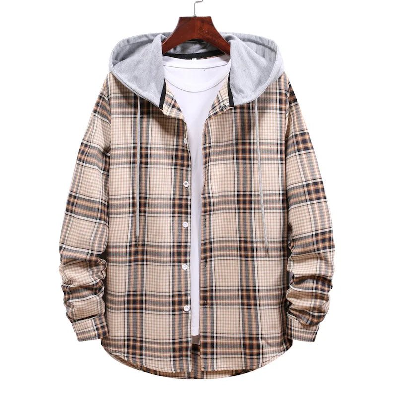 New 2026 Men's Plaid Hooded Shirts Loose Casual Men Jacket Shirt Comfortable Long Sleeve Sport Hooded Coats Men's Daily Clothing