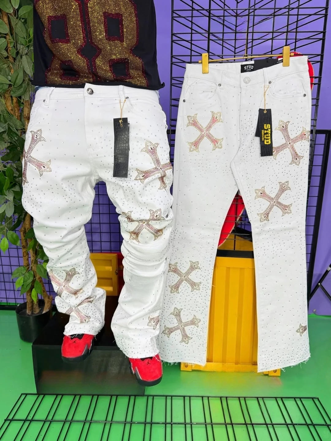 2026 Popular Flash Element White Series Simple Baggy Denim Pants Cross Pattern Niche Fashion Y2k New Straight Leg Jeans
