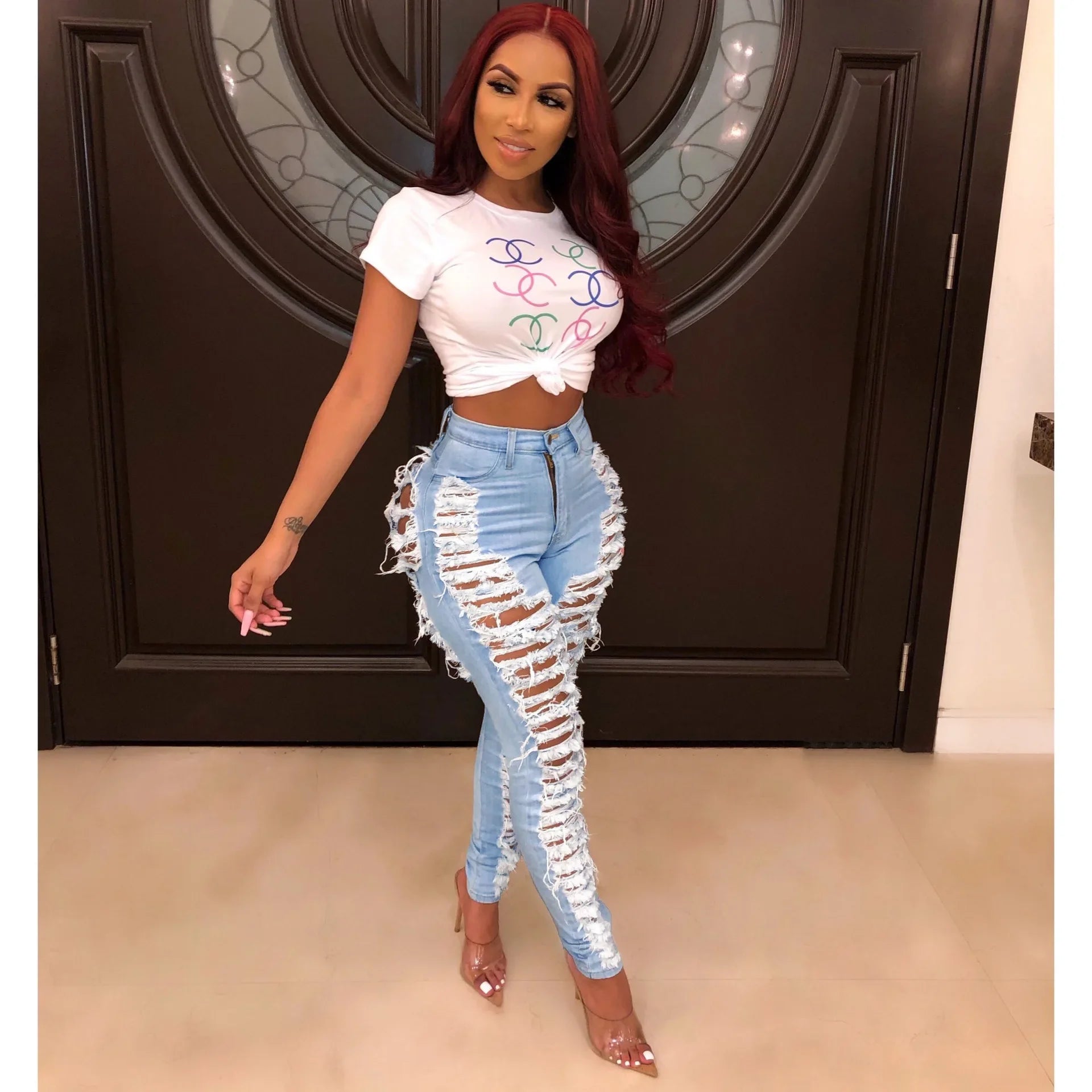 CM.YAYA Denim Pants Women Retro Solid Sexy Hole Hollow Out Jeans Ripped Flare Trousers Street Skinny High Waist Lady Pant