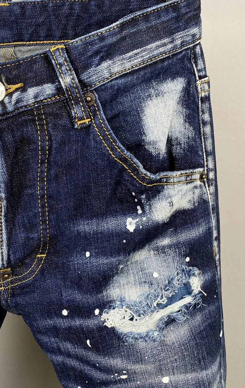 NEW Men Jeans HOLE Printed Coolguy Beggar Denim Long Pants Straight Pockets Hole Button blue jeans pant FOR husband
